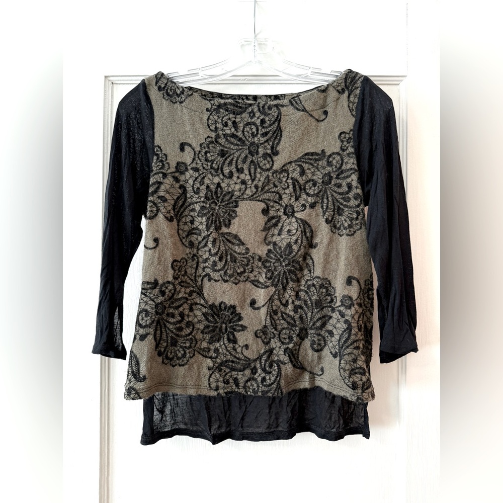 Julienne Weston Wear | Tan & Black Lace Floral Pullover Mesh Top
